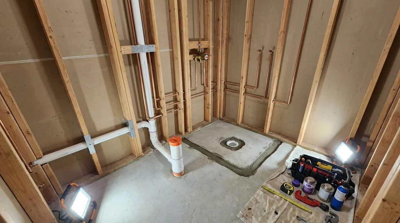 Bathroom rough-in plumbing during remodel by Johns Plumbing LLC in Cologne