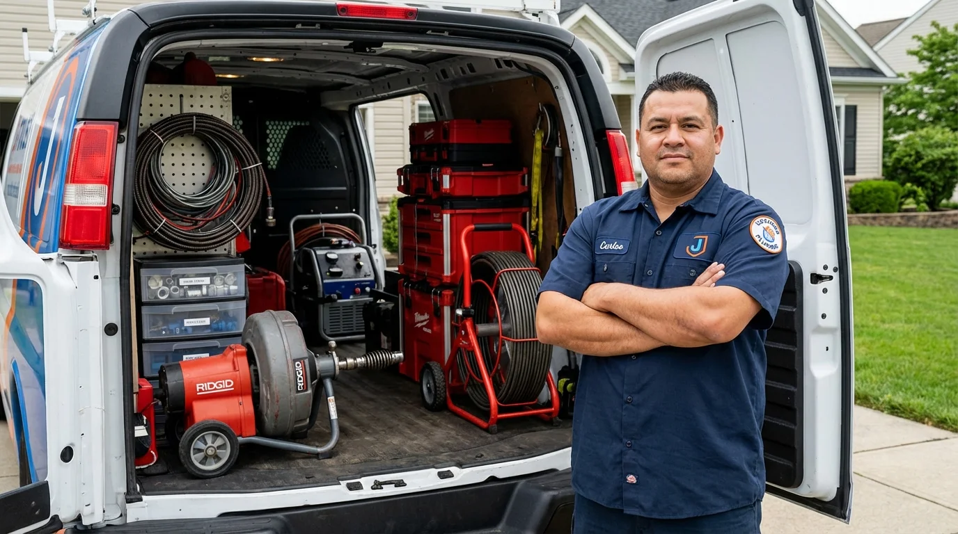 Professional drain cleaning equipment and Johns Plumbing LLC plumber in Cologne