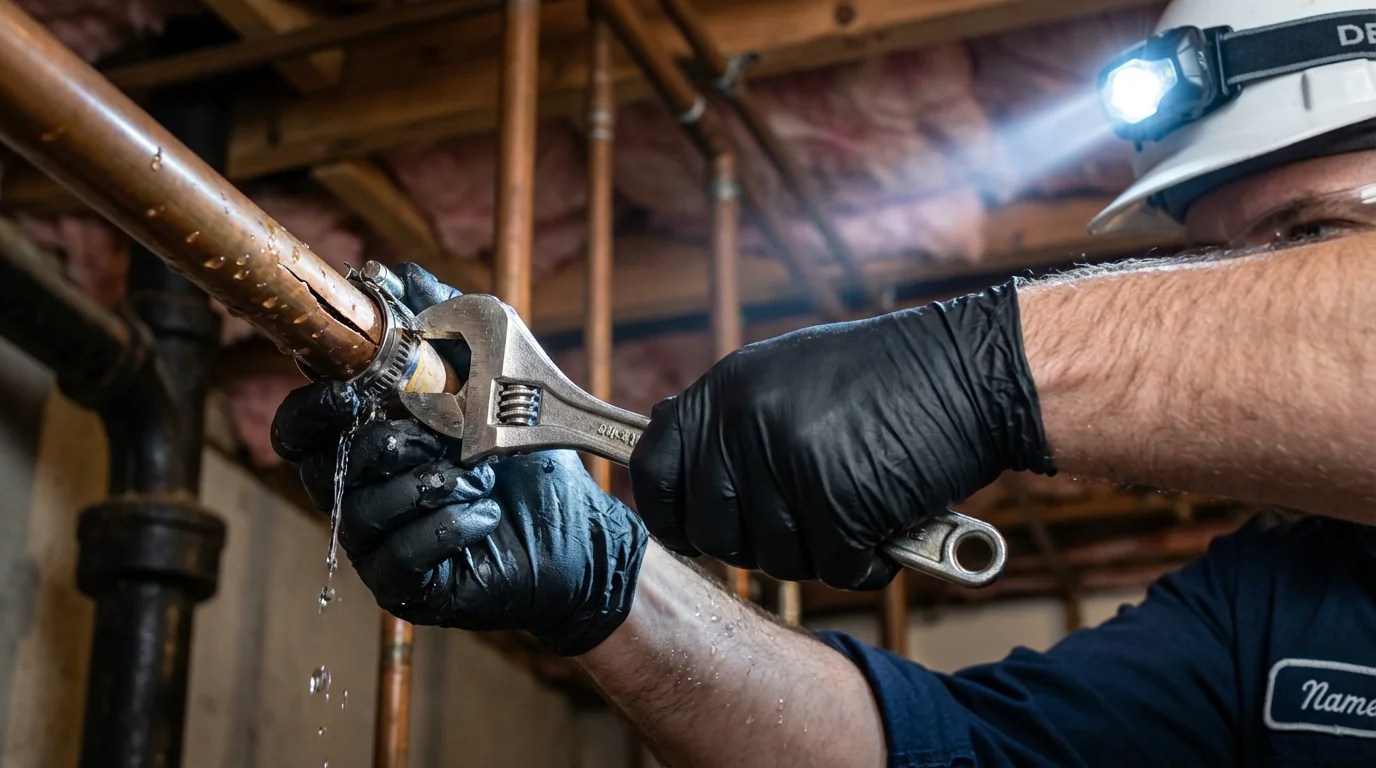 Emergency pipe clamp repair being performed by a Johns Plumbing LLC plumber in Cologne