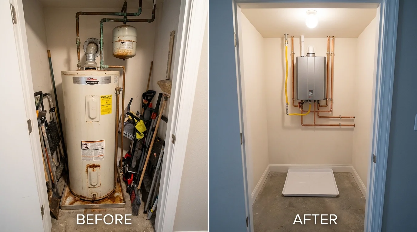 Tank water heater versus wall-mounted tankless unit comparison for Cologne, MN homeowners