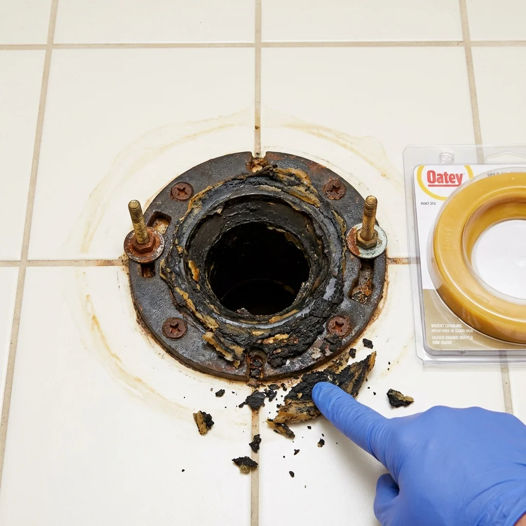 Failed wax ring showing water seepage at the base of a toilet in a Cologne, MN home