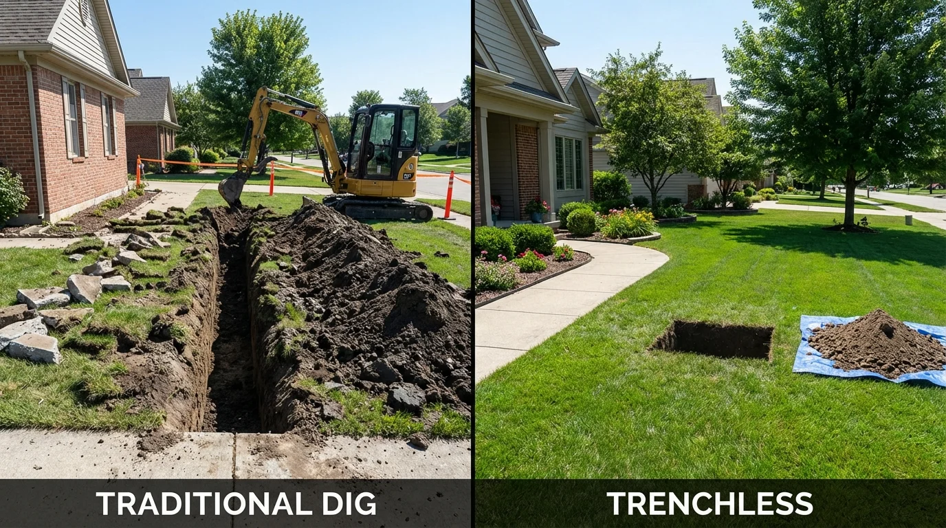 Trenchless sewer repair with minimal yard damage versus traditional excavation in Cologne, MN